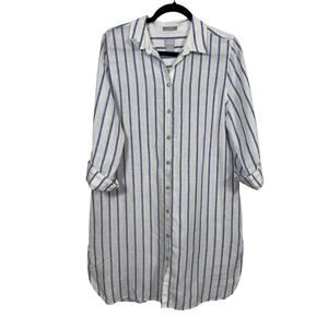 Chico's Button Up Shirt Womens 10 White Blue Stripe No Iron Linen Tunic Metallic